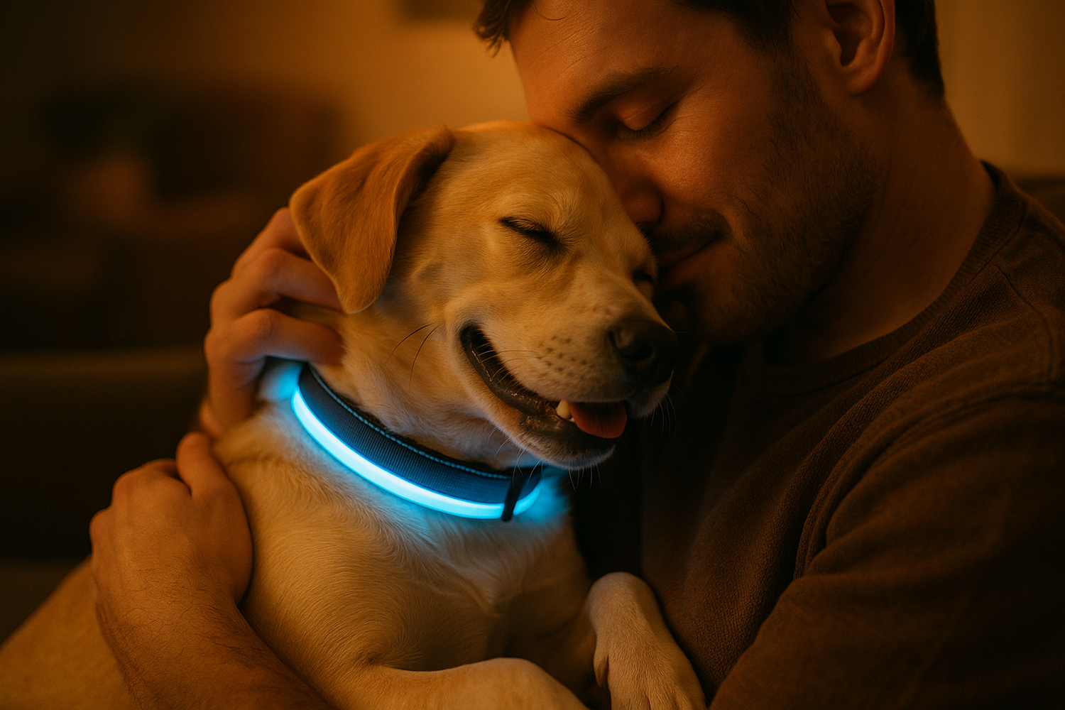 cute dog thats getting cuddeled with owner and the dog uses LED collar